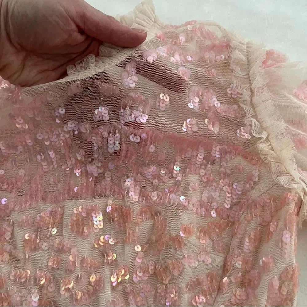 BHLDN Needle & Thread Pink Sequin Long Sleeve Dress, Size 0 NWOT
